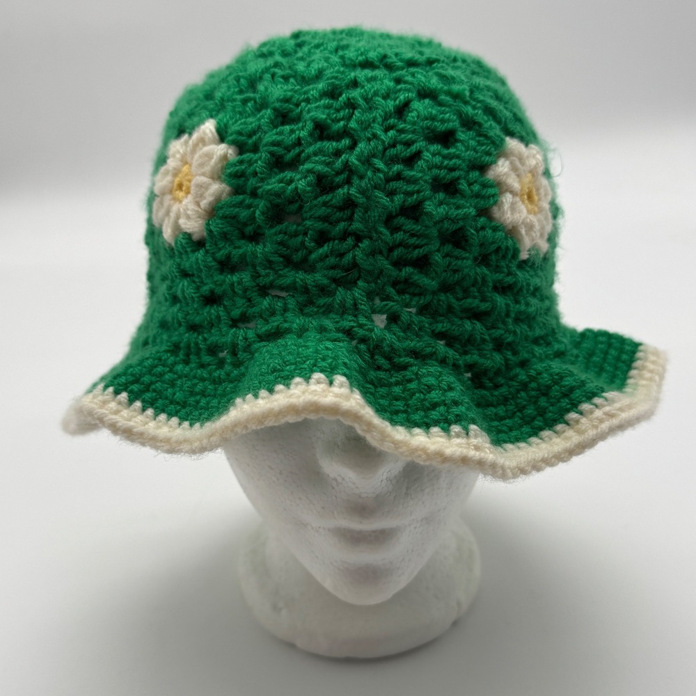 Vintage Handmade Green Crochet Daisy Bucket Hat Floral Boho Festival Accessory